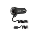 Budi Double USB Coiled Car Charger - Built in Micro USB Connector
