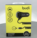 Budi Double USB Coiled Car Charger - Built in Micro USB Connector