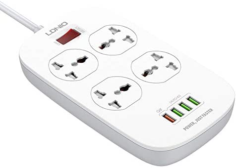 Ldnio Smart 2500W Power Extension with 4 Power Sockets and 18W USB Ports -Defender Series Power Strip with QC USB Port Fast Charging - 2M Power Cord - SC4407