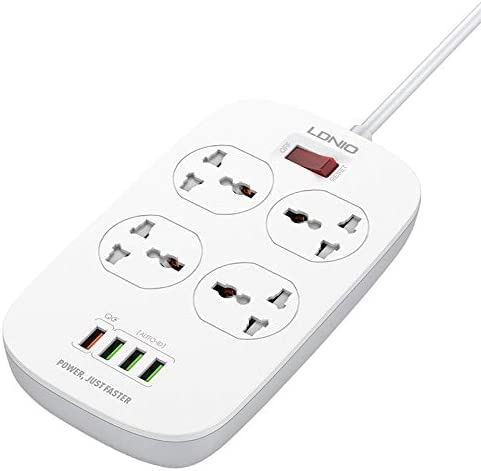 Ldnio Smart 2500W Power Extension with 4 Power Sockets and 18W USB Ports -Defender Series Power Strip with QC USB Port Fast Charging - 2M Power Cord - SC4407