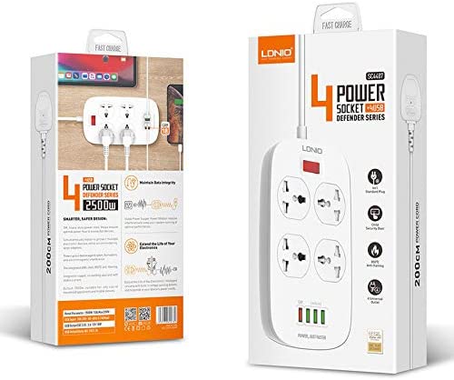 Ldnio Smart 2500W Power Extension with 4 Power Sockets and 18W USB Ports -Defender Series Power Strip with QC USB Port Fast Charging - 2M Power Cord - SC4407