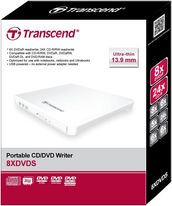 Transend External Portable DVD Writer  Slim USB2.0 White (TS8XDVDS-W)