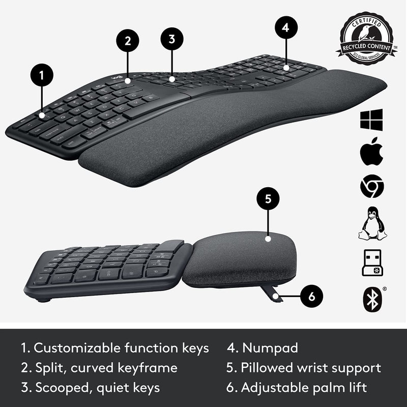 Logitech ERGO K860 Wireless Ergonomic Keyboard (Bluetooth and USB Connectivity) Compatible with Windows/Mac - 920-009166