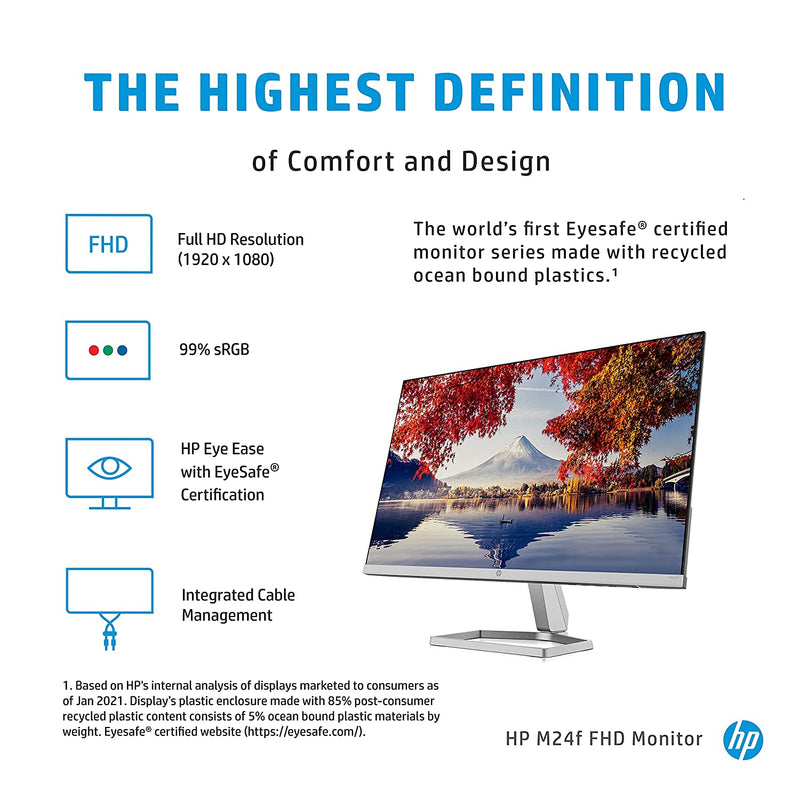 HP M24f 23.8" Inch FHD Eye Safe Certified IPS 3-Sided Micro-Edge LED Monitor, AMD Free Sync with 1xVGA, 1xHDMI 1.4 Ports - 2E2Y4AA