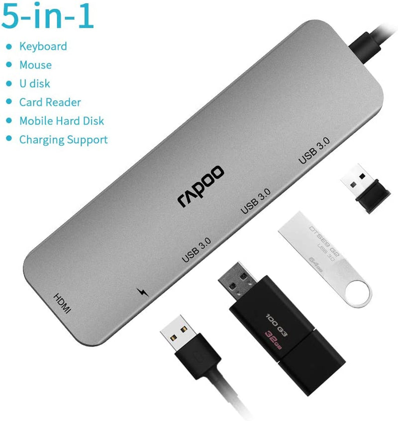 Rapoo Type C, 5 in 1 Adapter With 4K HDMI, 3 USB 3.0 Ports, Type C Charging - XD100C