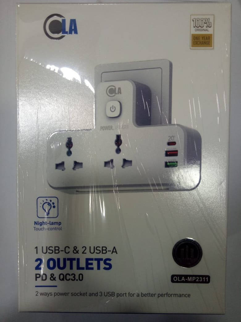 OLA Fast Charging Wall Socket - 2 Way Power Socket, 1 USB-C & 2 USB-A - PD & qc3.0 - OLA-MP2311