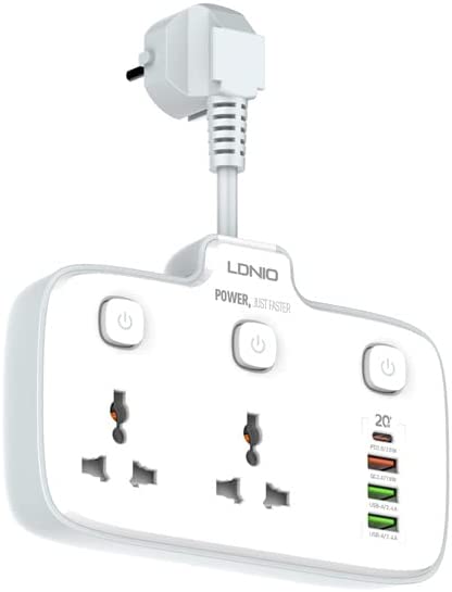 LDNIO 2 Universal Outlets Wall Power Socket 2500W With 1PD, 1 QC3.0 and 2 Auto-ID USB with individual switch - SC2413