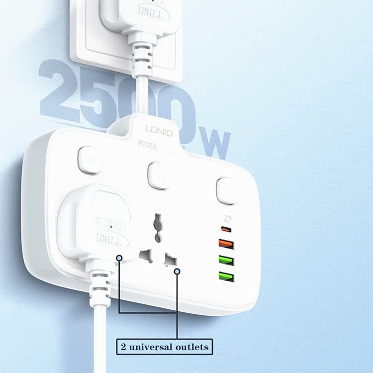 LDNIO 2 Universal Outlets Wall Power Socket 2500W With 1PD, 1 QC3.0 and 2 Auto-ID USB with individual switch - SC2413