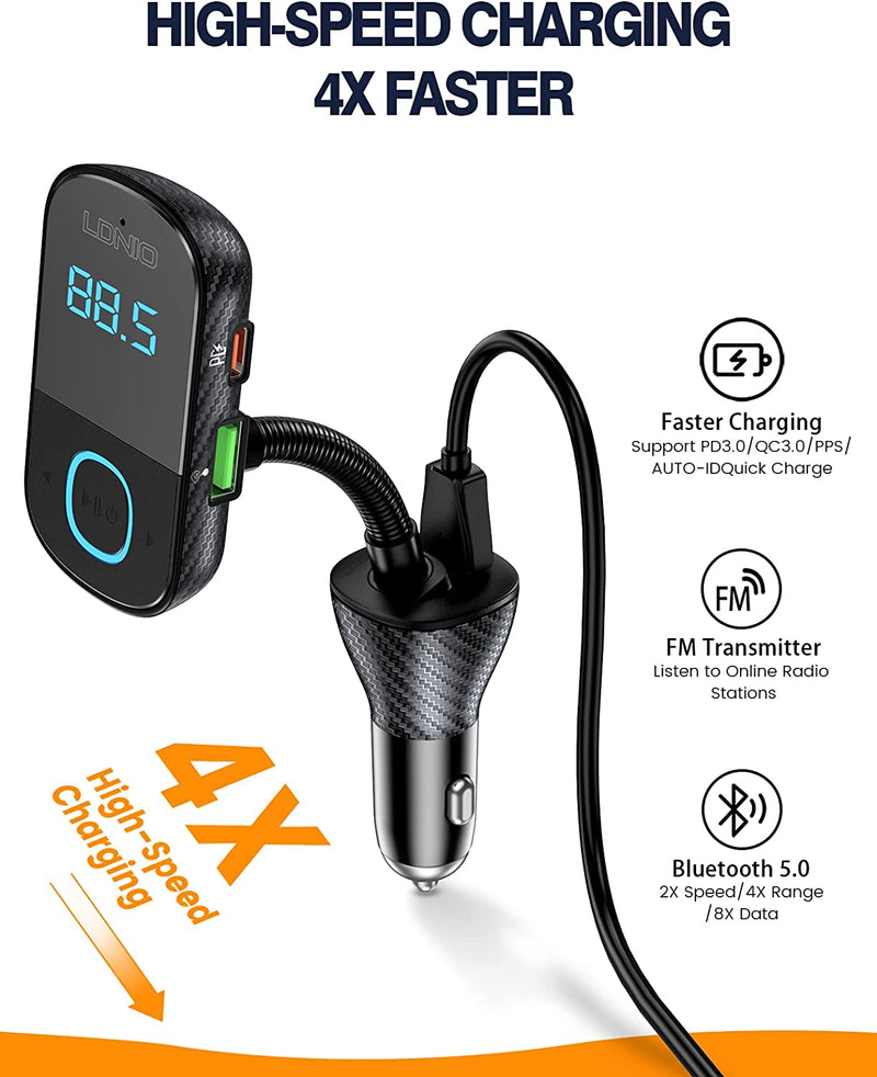 LDNIO Bluetooth 5.0 FM Car Transmitter and Modulator, 43W PD & QC3.0, 3 USB Port Car Bluetooth Adapter with LED Display - C705Q