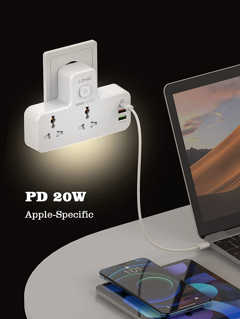 LDNIO Fast Charging Wall Socket - 2 Way Power Socket, 1 USB-C & 2 USB-A - PD & qc3.0 - SC2311