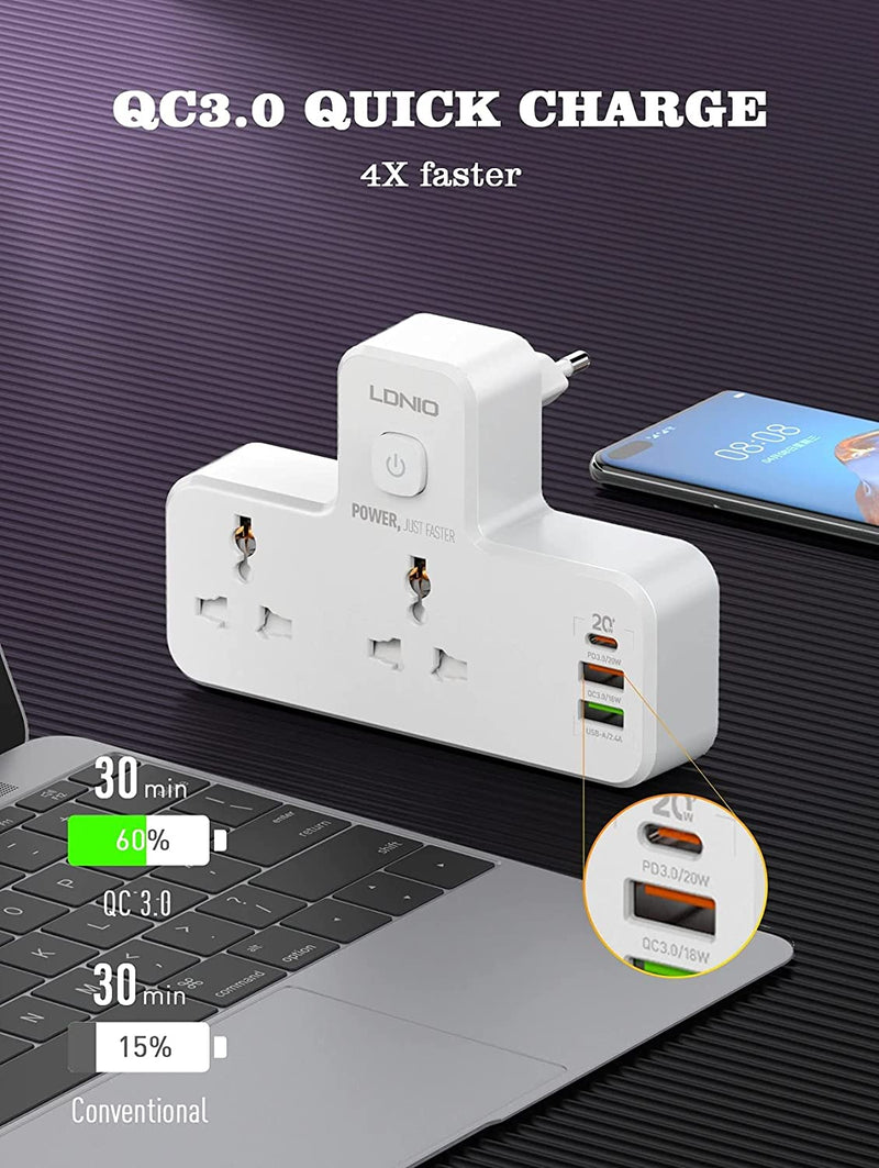 LDNIO Fast Charging Wall Socket - 2 Way Power Socket, 1 USB-C & 2 USB-A - PD & qc3.0 - SC2311