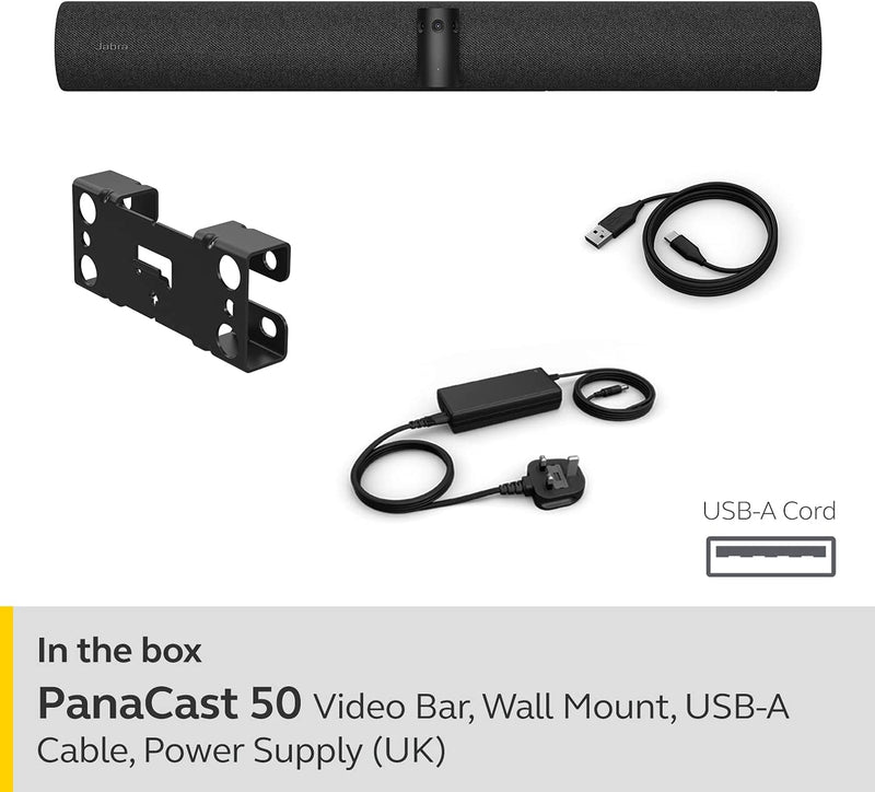 Jabra PanaCast 50 Panoramic 4K Video Bar, 180° View & 8 Microphones Conference Camera, UK Charger - 8200-237