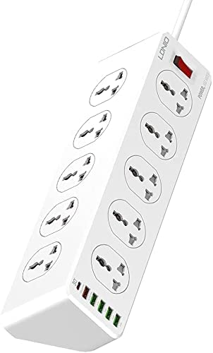 LDNIO Power Extension with 10-Outlet Surge protector power sockets, 6 USB Ports 30W PD+QC Fast charging adapter sockets 2-meter heavy-duty power Extension Cord - SC10610