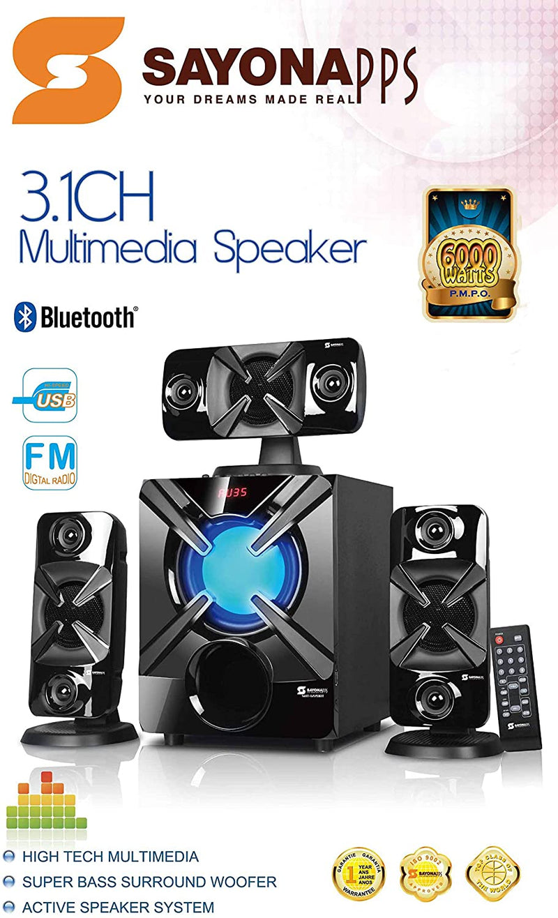 Sayona 3.1CH Multimedia Speaker with Subwoofer USB SD FM LED Remote, Rich Bold Sound, 6000 Watts Peak Power, Strong Bass, SHT-1220BT