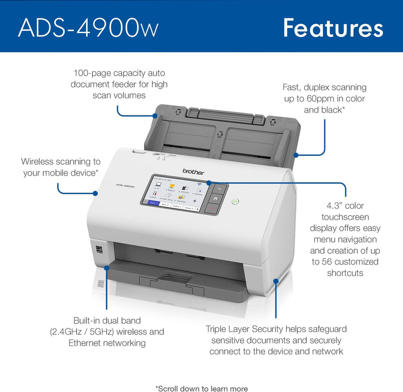 Brother ADS-4900W Professional Desktop Scanner with Fast Scan Speeds, Duplex, Wireless, and Large Touchscreen