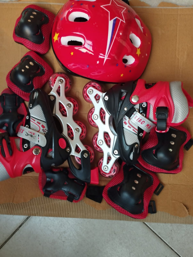 Skating Full Set; skating shoes, helmet, and guard kit for Kids Toddlers -Adjustable skater roller shoes Protective Gear Full Set