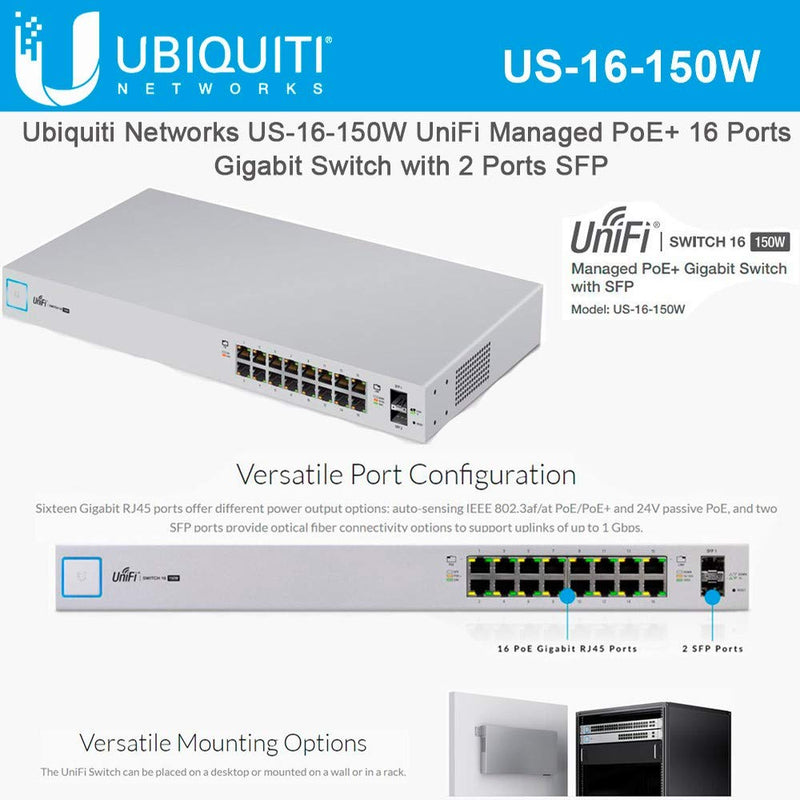 Ubiquiti UniFi Managed 16-Port Gigabit Ethernet PoE Switch 150W + 2 SFP- (US-16-150W)