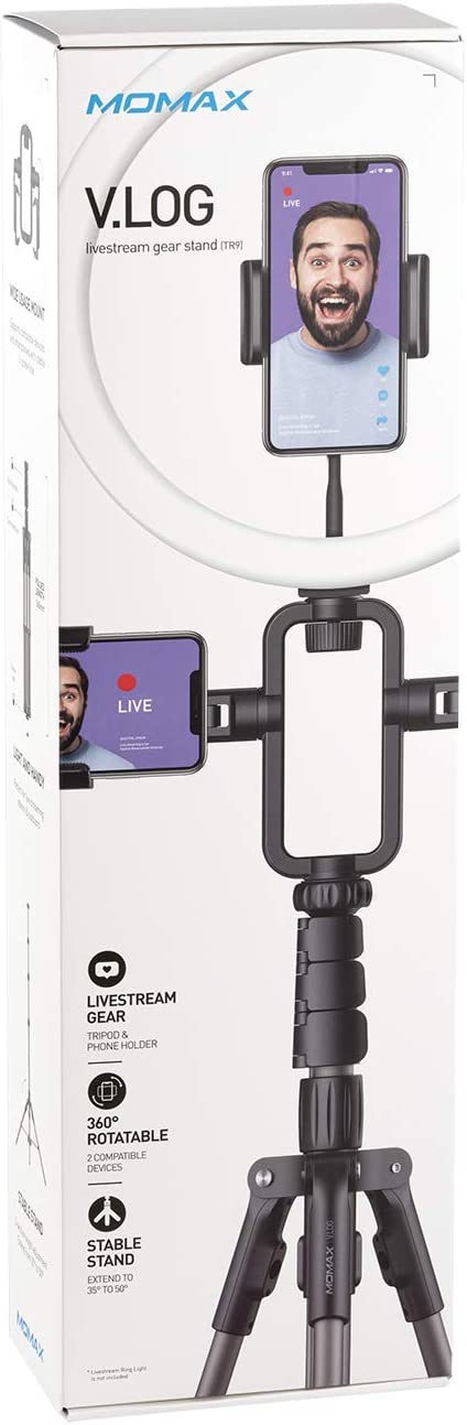 MOMAX V.Log Livestream dimmable LED Ring Light 12" with Stretchable Tripod Stand 3 Phone Holder Annular Lamp for Selfie/Makeup/Live Stream/Video/Vlog/Camera/Photo Shooting FL3D+TR9