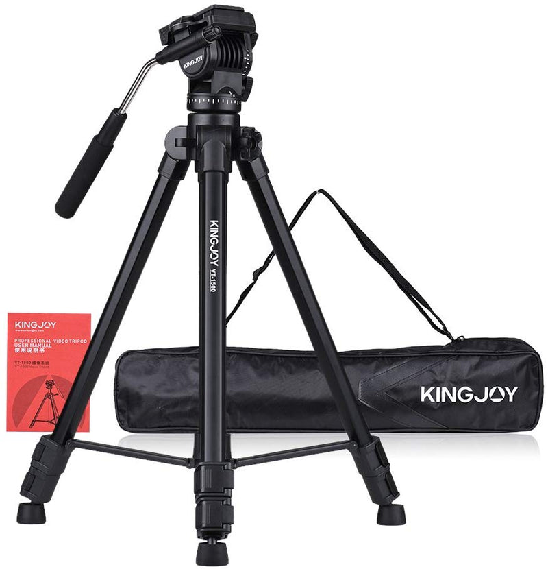 KINGJOY VT-1500 Heavy Duty Camera Tripod with Fluid Pan Drag Head, Travel Tripod Aluminum Compatible for DSLR SLR Nikon, Canon, Sony Camcorder DV, with Carry Bag