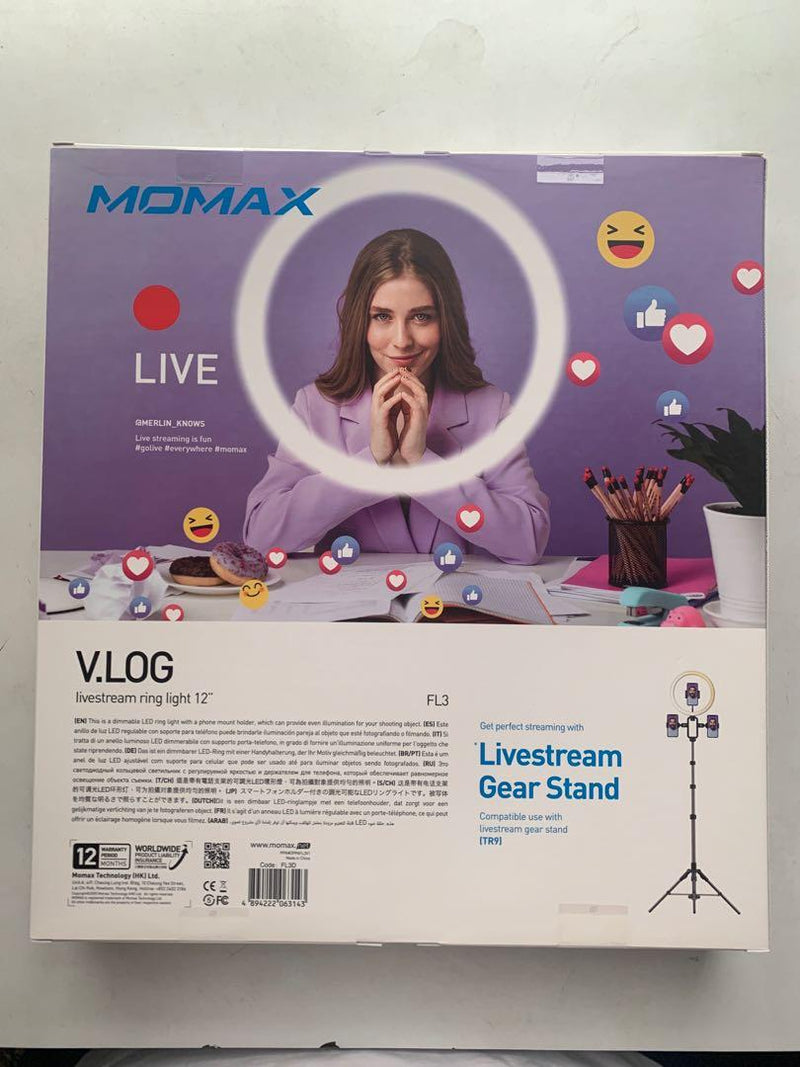 MOMAX V.Log Livestream dimmable LED Ring Light 12" with Stretchable Tripod Stand 3 Phone Holder Annular Lamp for Selfie/Makeup/Live Stream/Video/Vlog/Camera/Photo Shooting FL3D+TR9